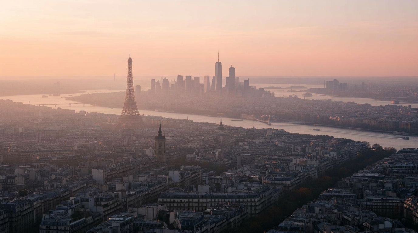 Paris and New York skylines at dawn